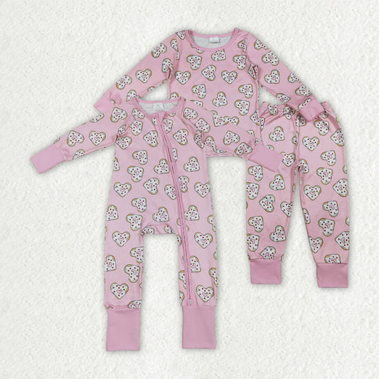 Sibling Baby Girls Valentine's Day Heart Doughnut Pajama  Outfit and Romper