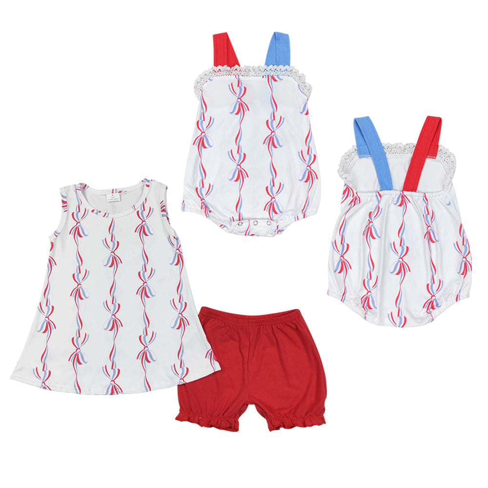 Baby Girls Patriotic Bow Sibling Outfit Dress and Romper July 4th