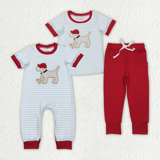 Sibling  Baby Boys Embroidery Baseball Dog Jogger Set /Romper
