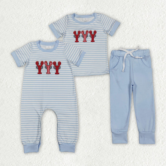 Sibling Baby Boys Embroidery Caryfish Blue Striped Outfit and Romper