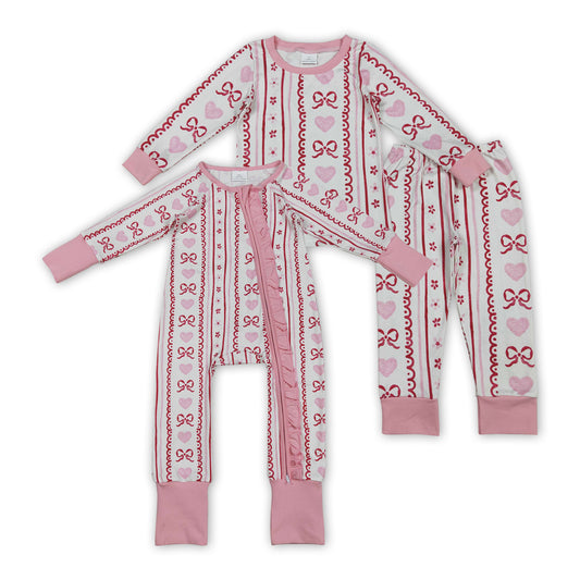 Sibling Baby Girls Pink Heart Bow Pajama Set /Romper