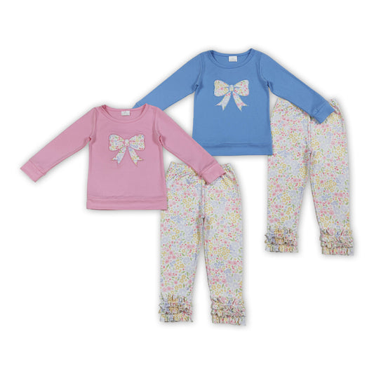 Sibling Baby Girls  Embroidery Floral Bow Long Sleeve +Icing Legging Set