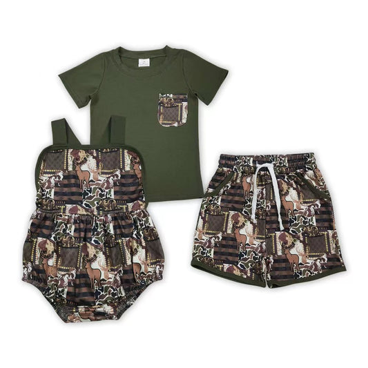 Sibling Baby Boys  Hunting Deer Camo Pocket Shorts Set /Romper