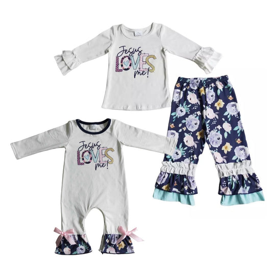 Jesus Love Me Baby Girls Sister Floral Pants Set and Romper On Sale