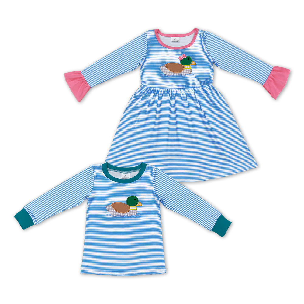 Sibling Baby Applique Mallard Duck Striped Long Sleeve Dress/Top