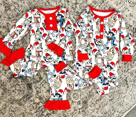 Baby Sibling Christmas Cartoon Blue Dog Pjama Set