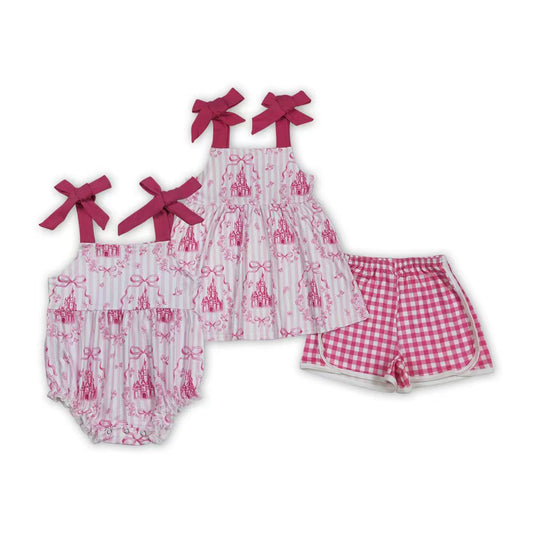 Sibling Baby Girls Pink Straps Castles Bows Checked Shorts Clothes Sets Romper