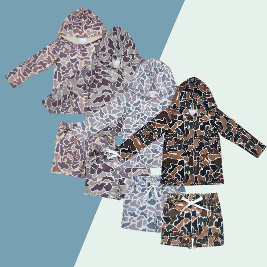 Kids Boys Sibling  Camo Long Sleeve Hoodie Top With Shorts Outfit