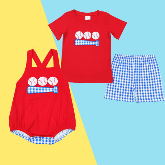 Baby Sibling Summer Brother Boy Embroidery Baseball Shorts Set Romper