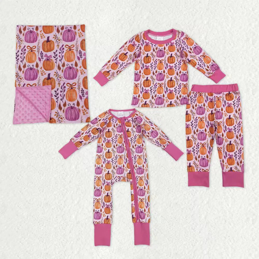 Sibling Girls  Pumpkin Pajamas Clothes Set Zipper Romper Blankets
