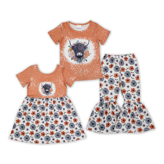 Sibling Girls Sister Spring Highland Cow Floral Outfit and Dress