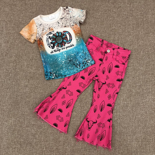 Western Baby Girls Short Sleeve Top With Bell Bottom Denim Pants Outfit