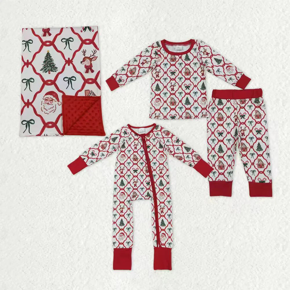 Sibling Baby Kids Trees Bows Checked Christmas Pajamas Sets Zipper Footie Rompers Blankets