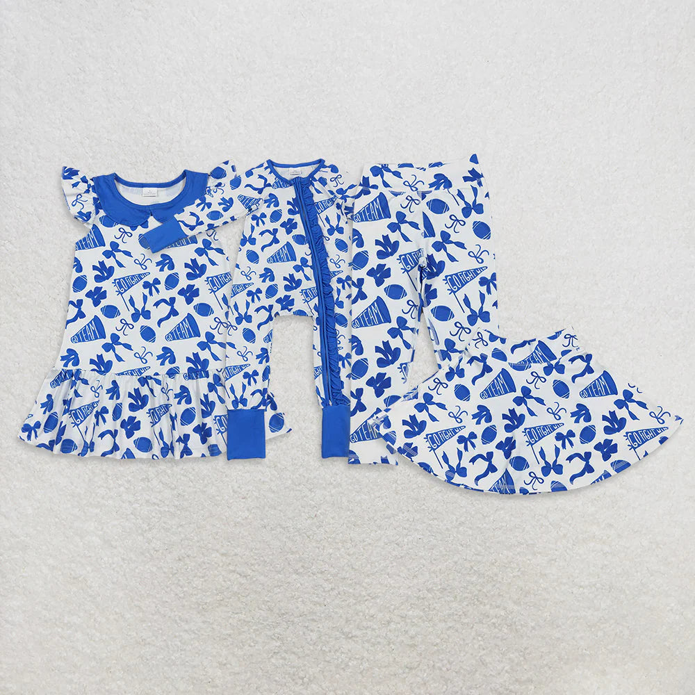 Sibling Baby Girls Blue Bows Football Go  Team Zipper Romper Dress Leggings Pants Skort Bottom