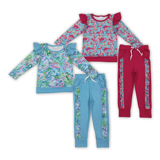 Sibling Baby Girls Watercolor Floral Top Pockets Ruffle Jogger Pants Outfit