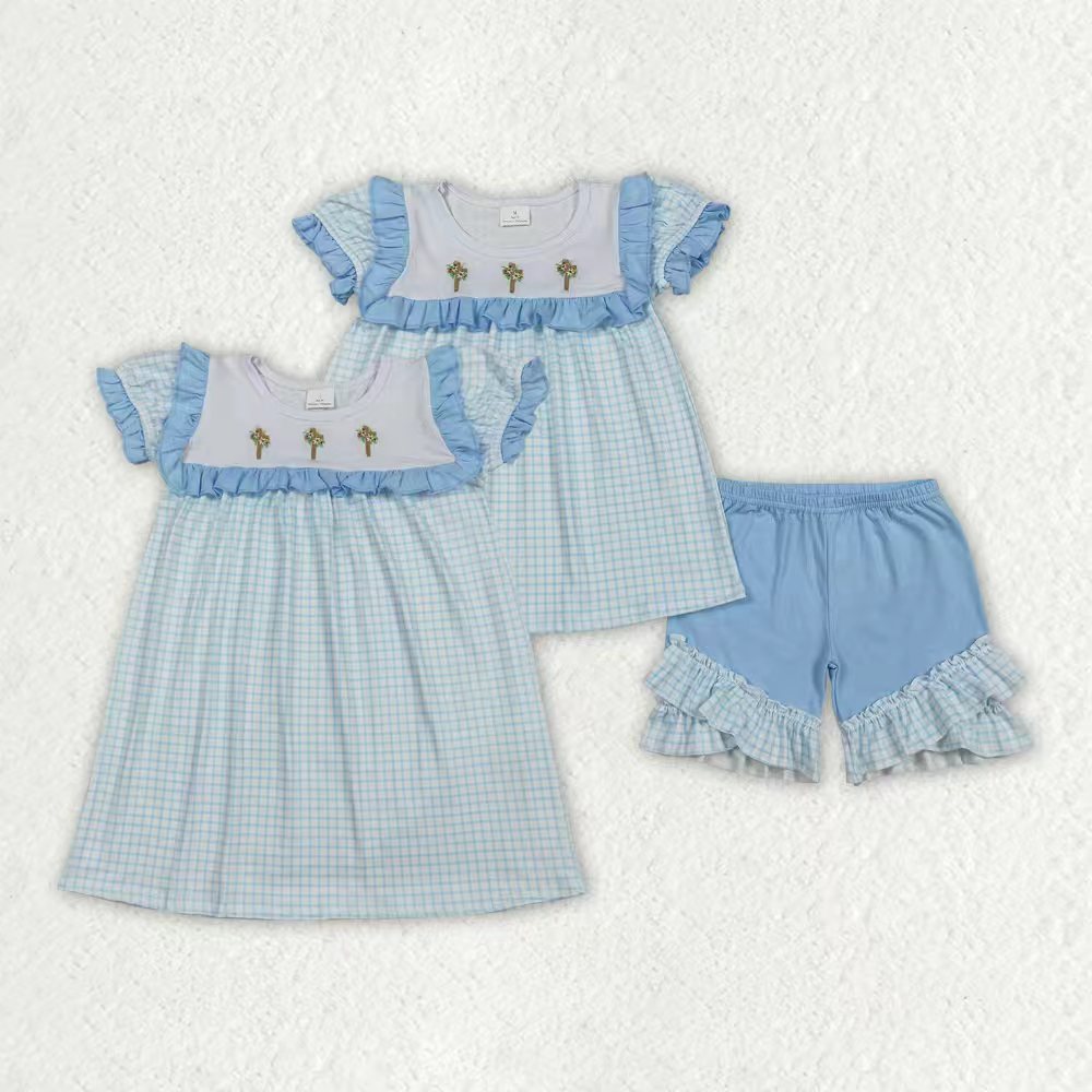 Easter Sibling Baby Girls Cross Blue Gingham Shorts Set and Dress