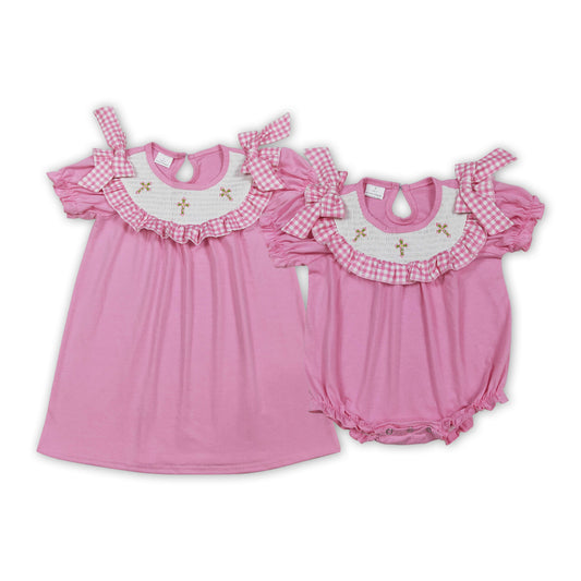 Sibling Baby Girls Embroidery Corss Pink Smocked Dress/Bubble Romper