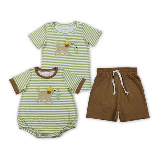 Sibling Baby Boys Embroidery Fishing Dog Shorts Set/Romper