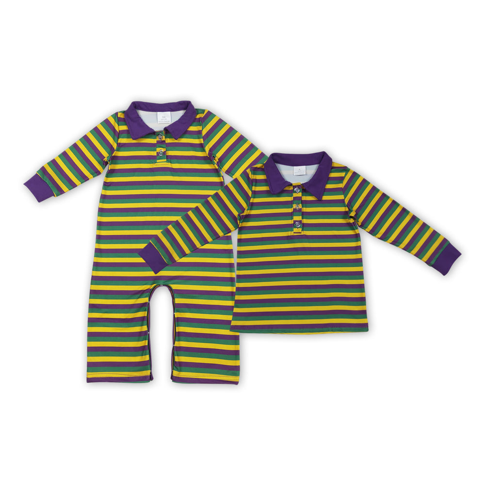 Mardi Gras Bibling Baby  Boys Striped Long Sleeve Shirt /Romper