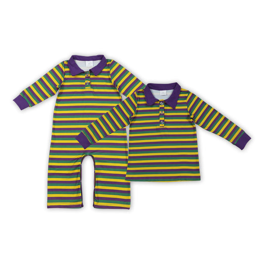 Mardi Gras Bibling Baby  Boys Striped Long Sleeve Shirt /Romper