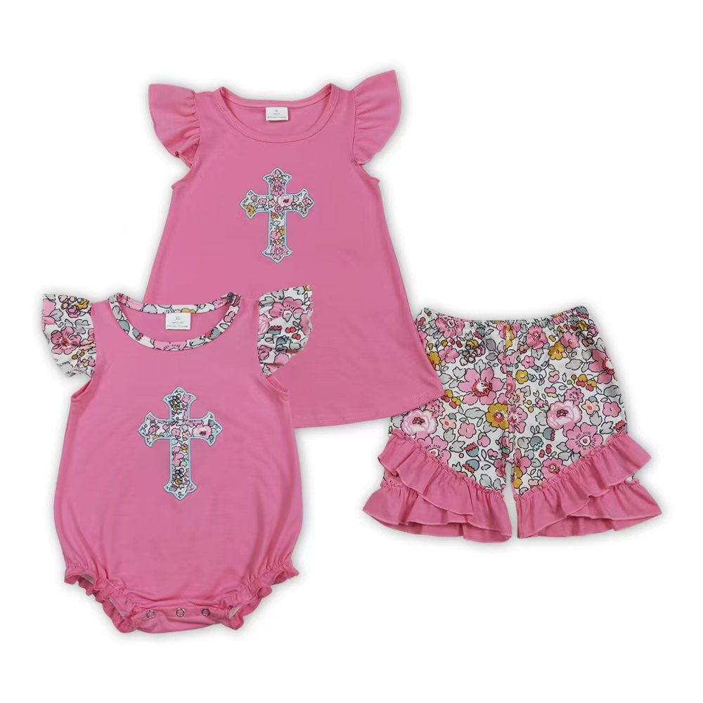 Sibling Baby Girls Embroidery Floral Cross Shorts Set/Romper
