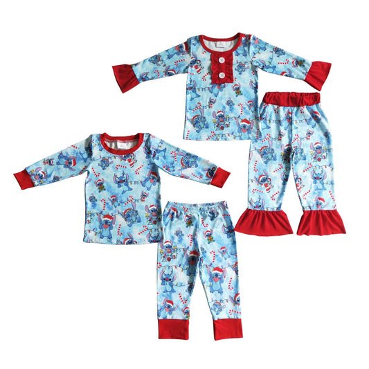 Baby Sibling Christmas Blue Cartoon Animal Pajama Set