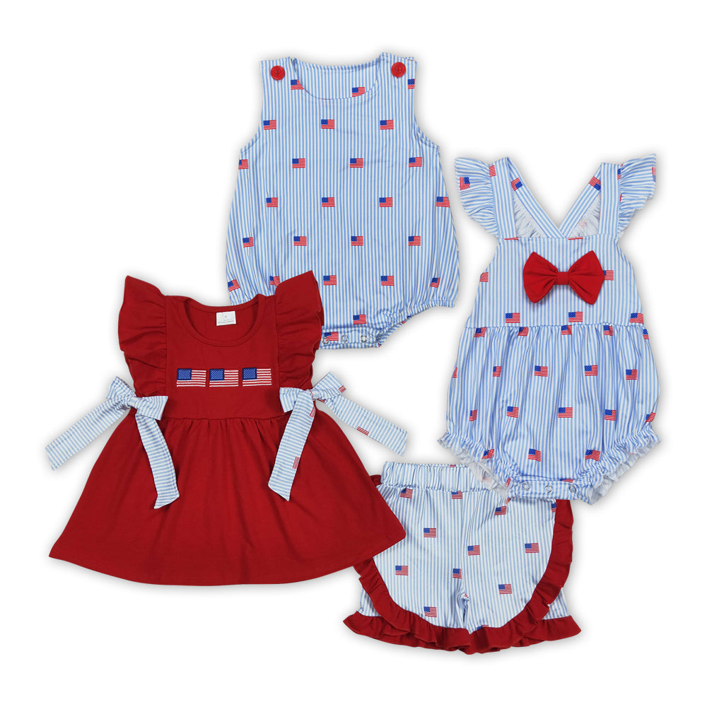 Sibling Embroidery Baby Girls Red Flags 4th of July Bows Rompers Outfits Sets