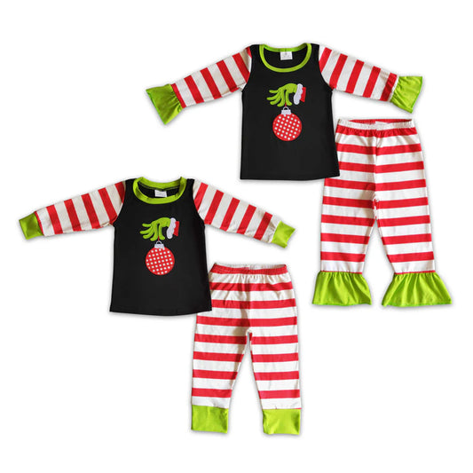 Sibling Design Christmas Cartoon Hands Striped Pajama Outfit