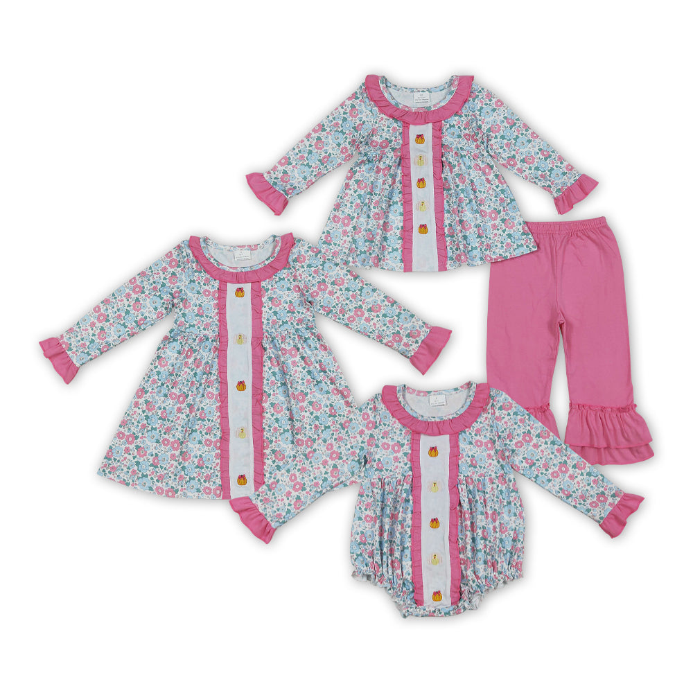 Sibling Embroidery Baby Girls Floral Turkey Pumpkins Rompers Dresses Sets
