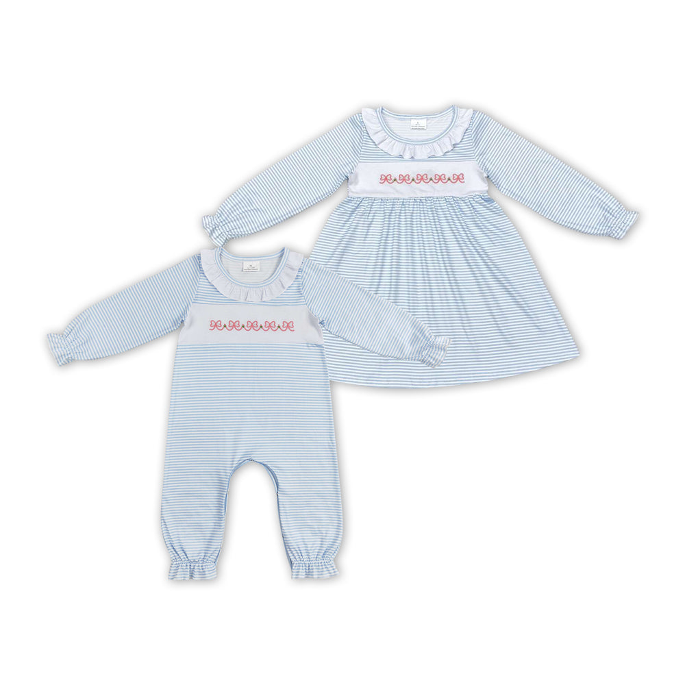 Sibling Baby Girls  Embroidery Bow Blue Striped Dress/Romper