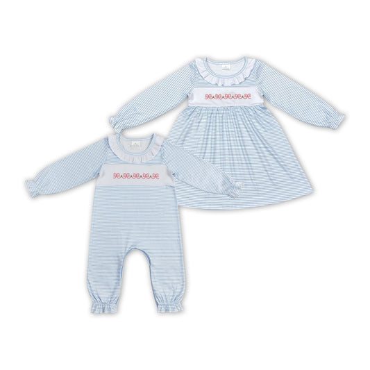 Sibling Baby Girls  Embroidery Bow Blue Striped Dress/Romper