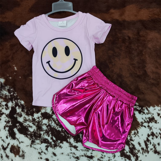 Happy Face Pink Short Sleeve Top Hot Pink Leather Shorts Set
