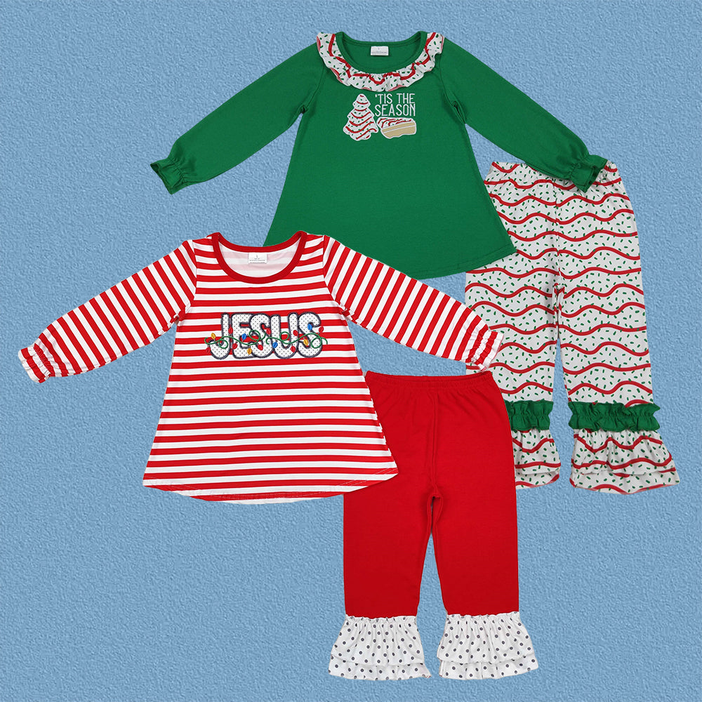 Baby Girls Christmas Applique Tree /Candy Tunic Top With Ruffle Pants Outfit