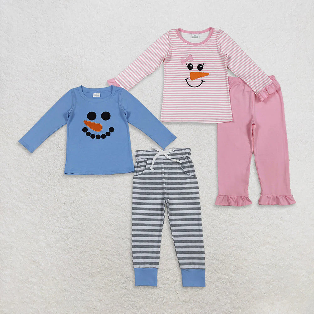 Sibling Winter Snowmen Applique Top With Striped Pants Outfit