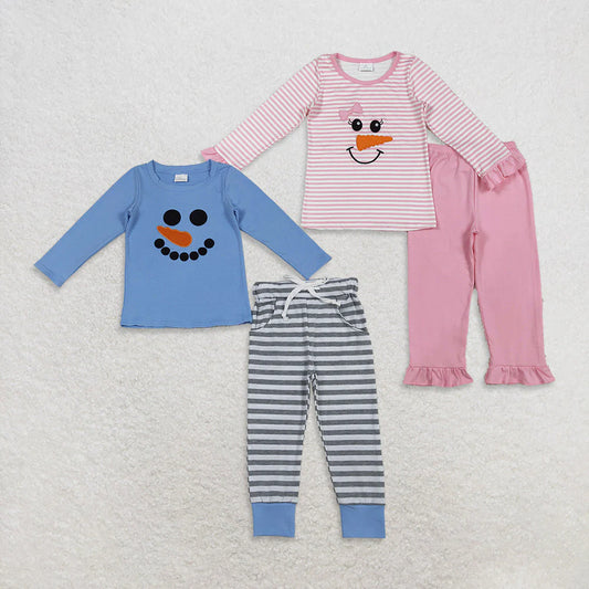 Sibling Winter Snowmen Applique Top With Striped Pants Outfit