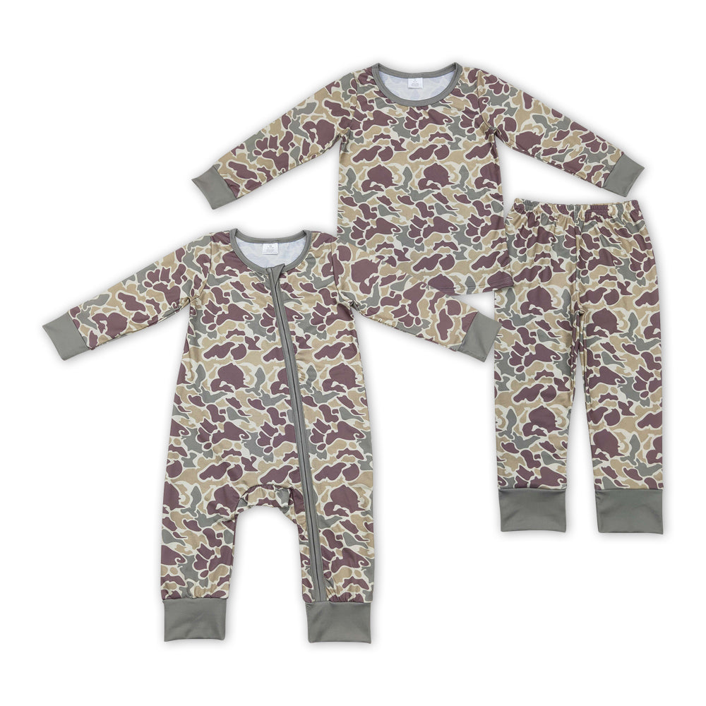 Baby Sibling Boys Brother Green Camo Bamboo Pajama and Romper