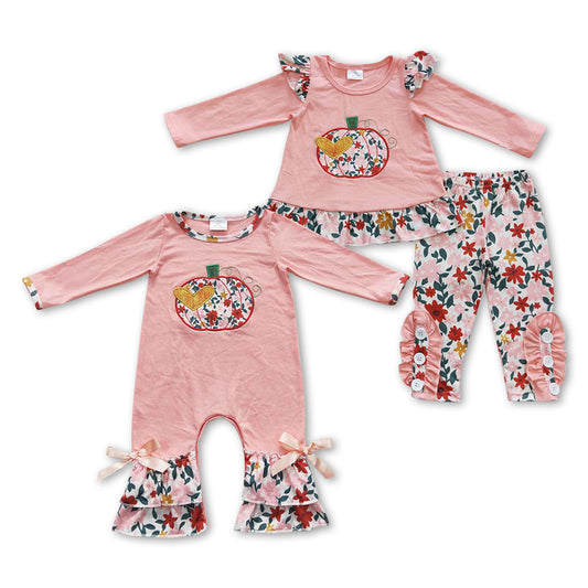 Baby Girls Sibling Sister Floral Pumpkin Pink Outfit +Romper