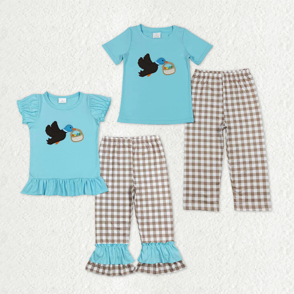 Sibling Baby Boys Girls Embroidery Ducks Eggs Top Pants Easter Clothes Sets