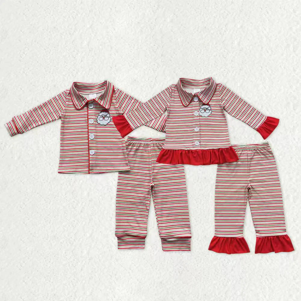 Sibling Baby Boys Girls Embroidery Striped Santa Button Top Pants Christmas Pajamas Sets