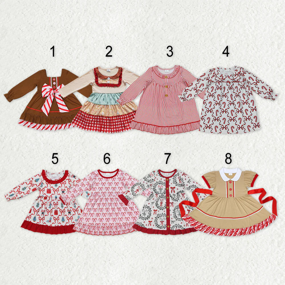 Sibling Baby Girls Candy Cane Stripes Button Christmas Ruffle Knee Length Dresses