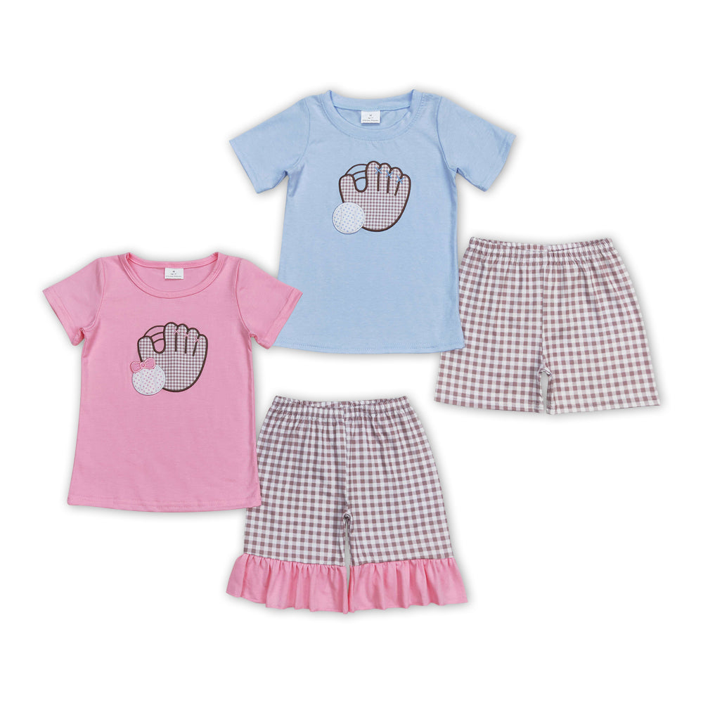 Sibling Summer Sister Brother Embroidery Baseball Shorts Set