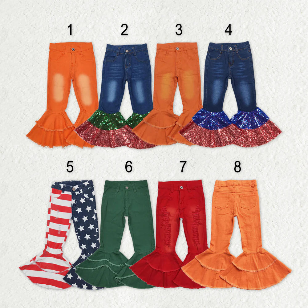 Sibling Baby Girls Double Ruffle Bell Bottom Denim Pants