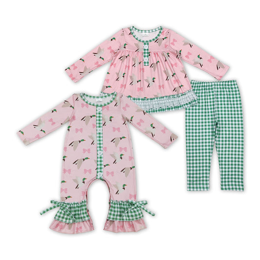 Sibling Girls Sister Mallard Bow Top Green Pants Outfit and Romper