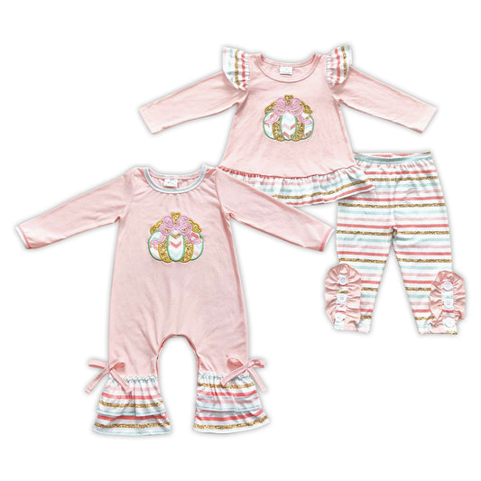 Baby Girls Sibling Sister Pretty Chevron Pumpkin Pink Outfit and Romper