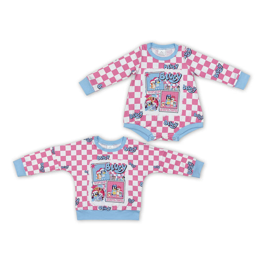 Baby Girls Sister Chrismtas Cartoon Dog Pink Checker Top and Romper