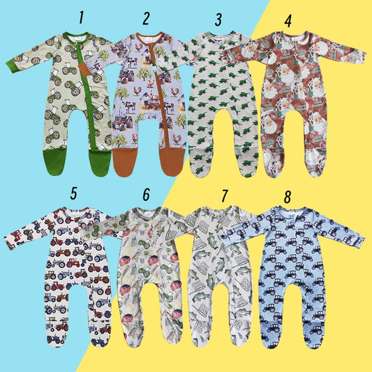 Sibling Baby   Boys  Farm  Long Sleeve Footie Zip Rompers