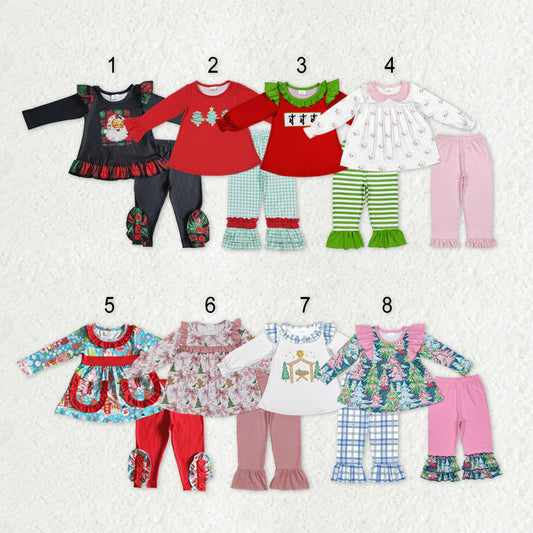 Sibling Baby Girls Long Ruffle Sleeves Santa Gingerbread Trees Tunic Pants Christmas Clothes Sets