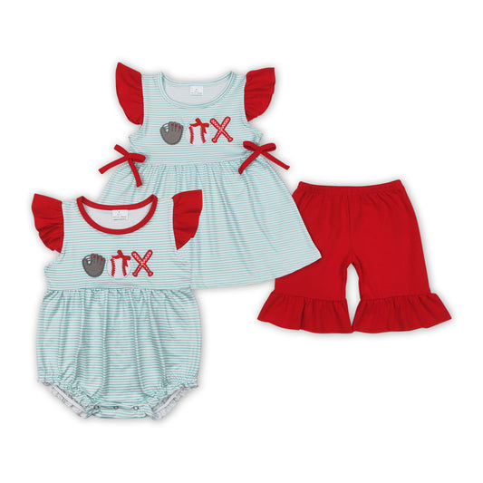 Baby Girls Sister Summer Embroidery Baseball Outfit & Romper