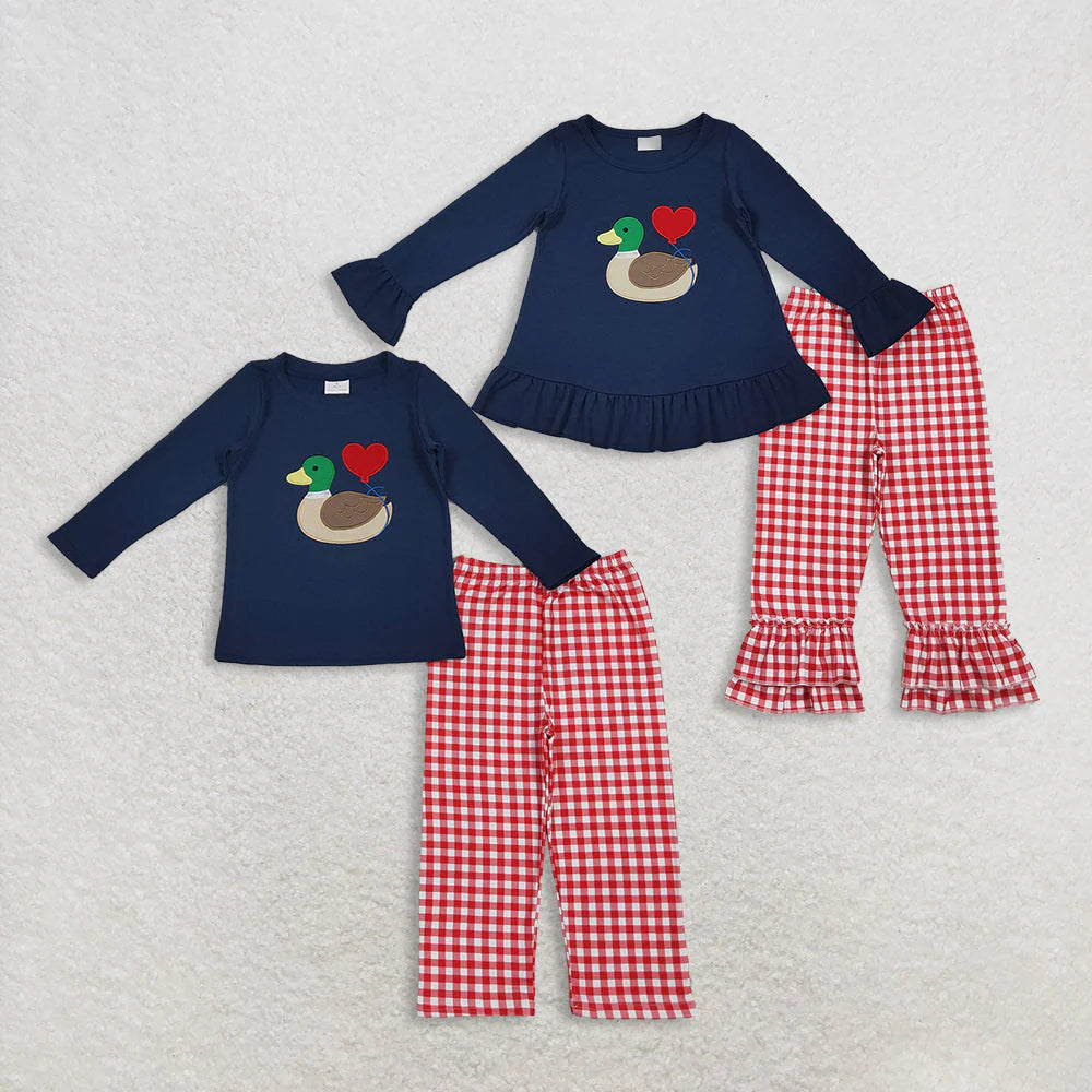Sibling Valentine's Day Embroidery Duck Hearts Top Red Checked Pants Outfit