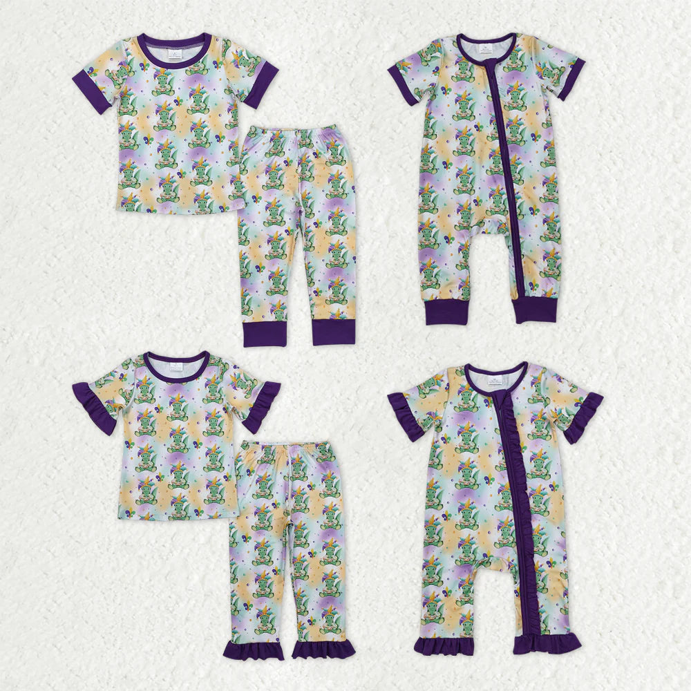 Sibling Baby Kids Anchors Crocodiles Top Pants Mardi Gras Pajamas Sets Zipper Footie Rompers